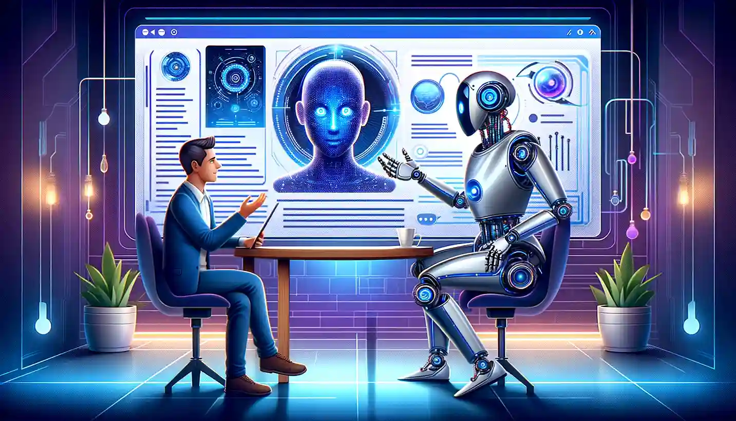 a human talking to a robot in a futuristic setting